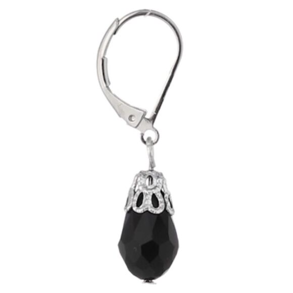 1928 Silver and Black Onyx Crystal Dangling Lever Back Hook Earrings - Picture 4 of 6